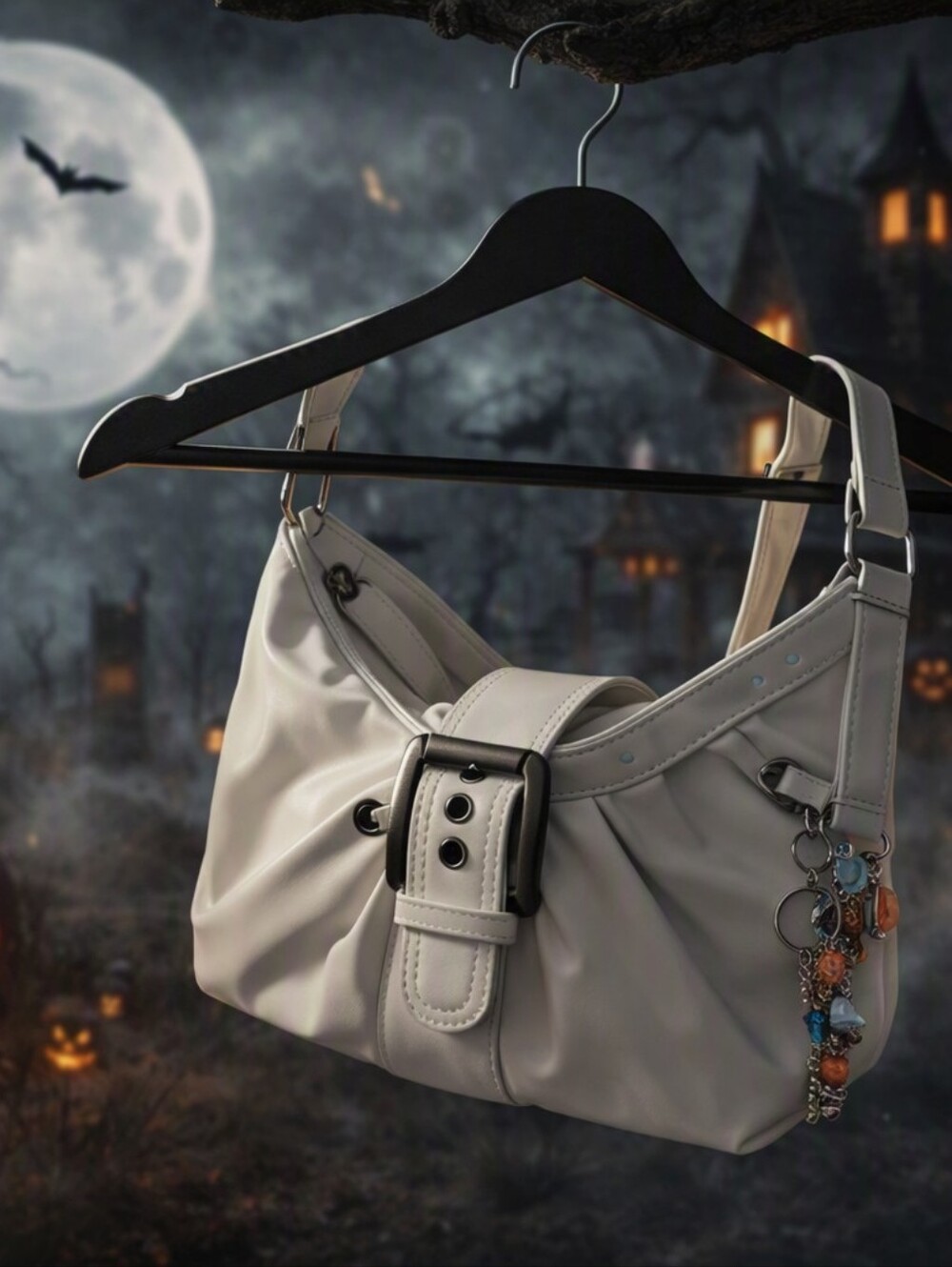White Women’s Shoulder Bag with Decorative Buckle